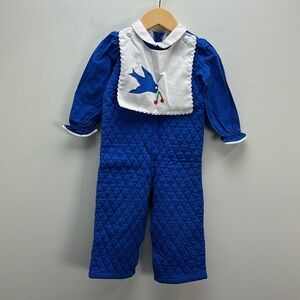 Vintage Quilted Romper Blue Bird Swedish Bib Cotton Baby Girl Size 18 24 Months